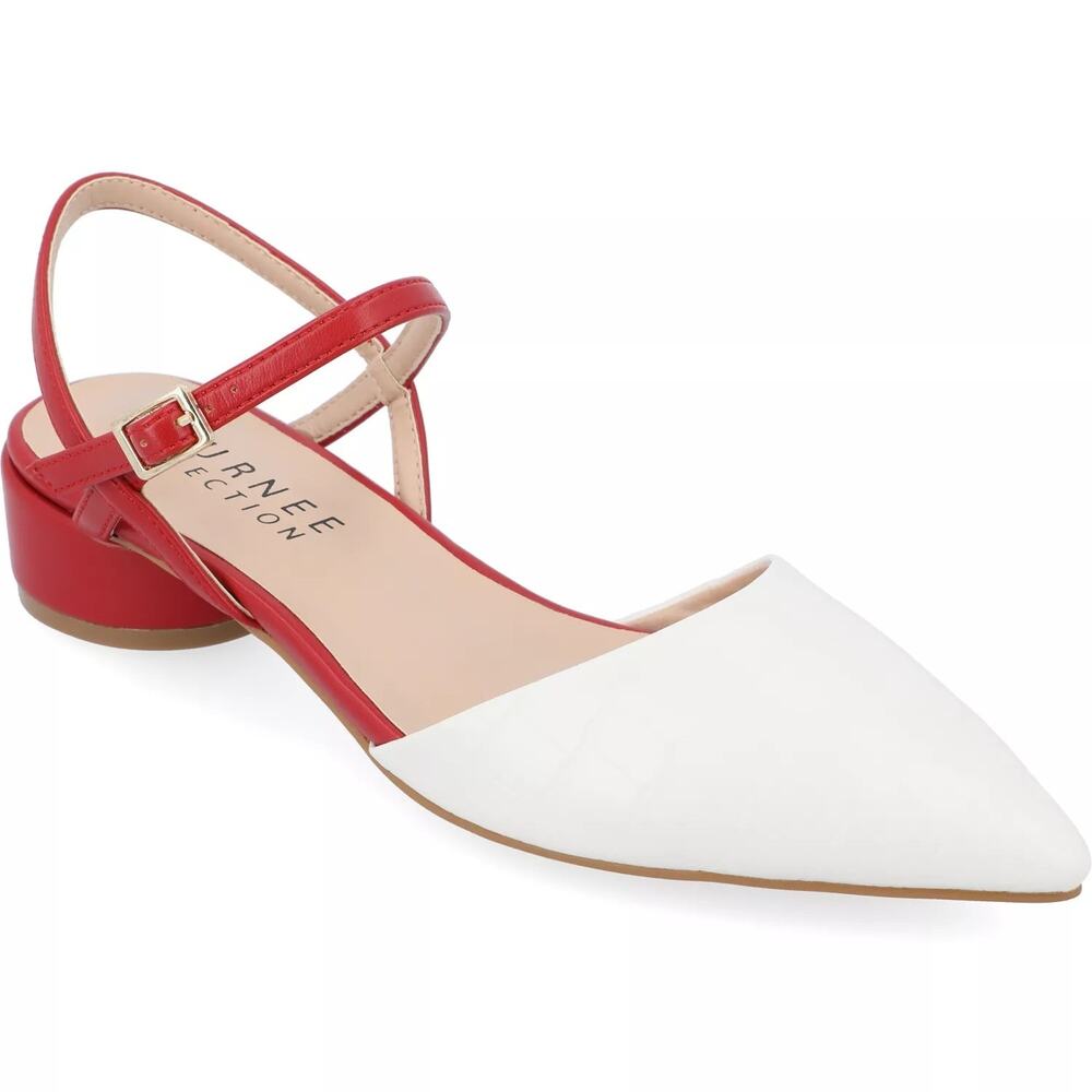 Journee Collection Brynn Pointed Toe Ankle Strap Flats Size US 9M Red White
